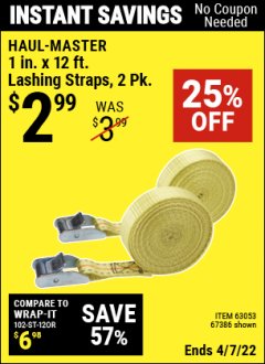 Harbor Freight Coupon 2 PC. 1" X 12' LASHING STRAPS Lot No. 63053/67386 Expired: 4/7/22 - $2.99