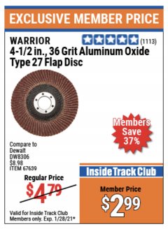 Harbor Freight ITC Coupon 4-1/2", 36 GRIT FLAP DISC Lot No. 61500/67639 Expired: 1/28/21 - $2.99