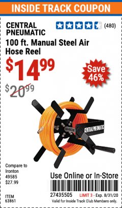 Harbor Freight ITC Coupon 100 FT. MANUAL STEEL AIR HOSE REEL Lot No. 63861 Expired: 8/31/20 - $14.99