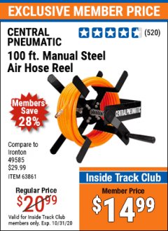 Harbor Freight ITC Coupon 100 FT. MANUAL STEEL AIR HOSE REEL Lot No. 63861 Expired: 10/31/20 - $14.99