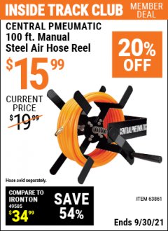 Harbor Freight ITC Coupon 100 FT. MANUAL STEEL AIR HOSE REEL Lot No. 63861 Expired: 9/30/21 - $15.99