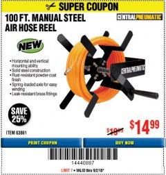Harbor Freight Coupon 100 FT. MANUAL STEEL AIR HOSE REEL Lot No. 63861 Expired: 9/2/18 - $14.99