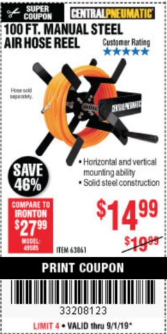Harbor Freight Coupon 100 FT. MANUAL STEEL AIR HOSE REEL Lot No. 63861 Expired: 9/1/19 - $14.99
