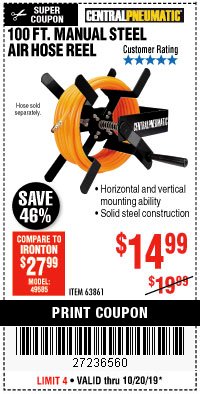 Harbor Freight Coupon 100 FT. MANUAL STEEL AIR HOSE REEL Lot No. 63861 Expired: 10/20/19 - $14.99