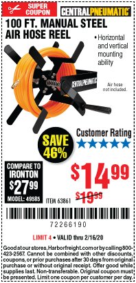 Harbor Freight Coupon CENTRAL PNEUMATIC 100 FT. MANUAL STEEL AIR HOSE REEL Lot No. 63861 Expired: 2/16/20 - $14.99