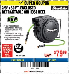 Harbor Freight Coupon 3/8" X 50 FT. ENCLOSED RETRACTABLE AIR HOSE REEL Lot No. 56876 Expired: 9/2/18 - $79.99