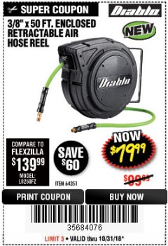 Harbor Freight Coupon 3/8" X 50 FT. ENCLOSED RETRACTABLE AIR HOSE REEL Lot No. 56876 Expired: 10/31/18 - $79.99