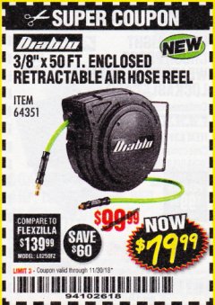 Harbor Freight Coupon 3/8" X 50 FT. ENCLOSED RETRACTABLE AIR HOSE REEL Lot No. 56876 Expired: 11/30/18 - $79.99