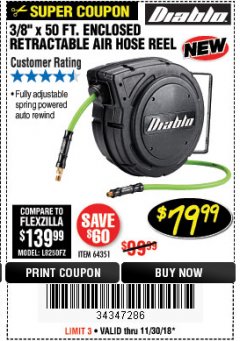 Harbor Freight Coupon 3/8" X 50 FT. ENCLOSED RETRACTABLE AIR HOSE REEL Lot No. 56876 Expired: 11/30/18 - $79.99