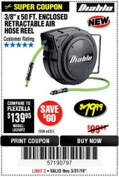 Harbor Freight Coupon 3/8" X 50 FT. ENCLOSED RETRACTABLE AIR HOSE REEL Lot No. 56876 Expired: 3/31/19 - $79.99