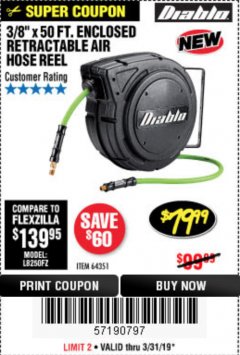 Harbor Freight Coupon 3/8" X 50 FT. ENCLOSED RETRACTABLE AIR HOSE REEL Lot No. 56876 Expired: 3/31/19 - $79.99