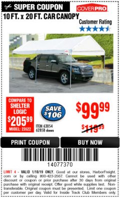 Harbor Freight ITC Coupon 10 FT. X 20 FT. PORTABLE CAR CANOPY Lot No. 63054/62858 Expired: 1/10/19 - $99.99