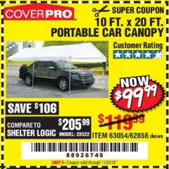 Harbor Freight Coupon 10 FT. X 20 FT. PORTABLE CAR CANOPY Lot No. 63054/62858 Expired: 11/24/18 - $99.99