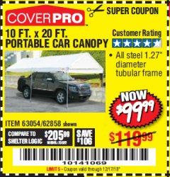 Harbor Freight Coupon 10 FT. X 20 FT. PORTABLE CAR CANOPY Lot No. 63054/62858 Expired: 12/17/18 - $99.99