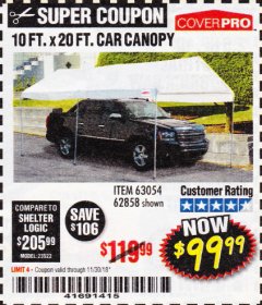 Harbor Freight Coupon 10 FT. X 20 FT. PORTABLE CAR CANOPY Lot No. 63054/62858 Expired: 11/30/18 - $99.99