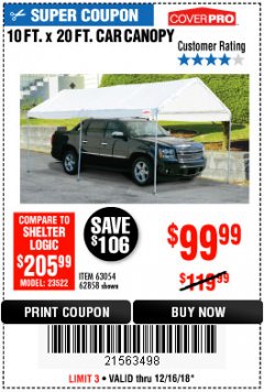 Harbor Freight Coupon 10 FT. X 20 FT. PORTABLE CAR CANOPY Lot No. 63054/62858 Expired: 12/16/18 - $99.99