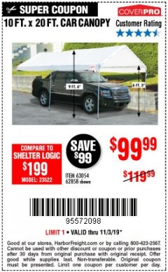 Harbor Freight Coupon 10 FT. X 20 FT. PORTABLE CAR CANOPY Lot No. 63054/62858 Expired: 11/3/19 - $99.99