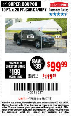 Harbor Freight Coupon 10 FT. X 20 FT. PORTABLE CAR CANOPY Lot No. 63054/62858 Expired: 11/17/19 - $99.99