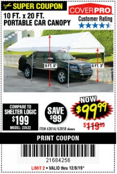 Harbor Freight Coupon 10 FT. X 20 FT. PORTABLE CAR CANOPY Lot No. 63054/62858 Expired: 12/8/19 - $99.99