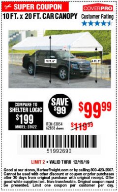 Harbor Freight Coupon 10 FT. X 20 FT. PORTABLE CAR CANOPY Lot No. 63054/62858 Expired: 12/15/19 - $99.99