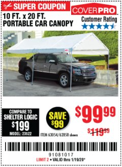 Harbor Freight Coupon 10 FT. X 20 FT. PORTABLE CAR CANOPY Lot No. 63054/62858 Expired: 1/19/20 - $99.99