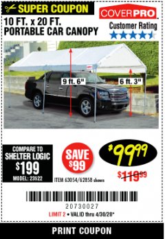 Harbor Freight Coupon 10 FT. X 20 FT. PORTABLE CAR CANOPY Lot No. 63054/62858 Expired: 6/30/20 - $99.99