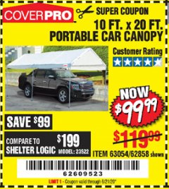 Harbor Freight Coupon 10 FT. X 20 FT. PORTABLE CAR CANOPY Lot No. 63054/62858 Expired: 6/21/20 - $99.99