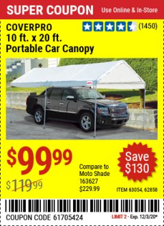 Harbor Freight Coupon 10 FT. X 20 FT. PORTABLE CAR CANOPY Lot No. 63054/62858 Expired: 11/25/20 - $99.99