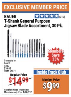 Harbor Freight ITC Coupon BAUER T-SHANK GENERAL-PURPOSE JIG SAW BLADE SET, 30-PIECE Lot No. 64071 Expired: 1/28/21 - $9.99