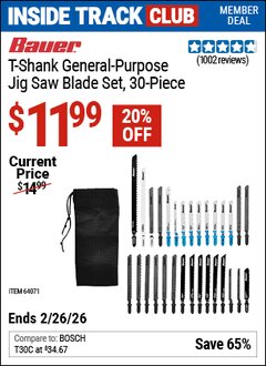 Harbor Freight Coupon BAUER T-SHANK GENERAL-PURPOSE JIG SAW BLADE SET, 30-PIECE Lot No. 64071 Valid: 12/31/69 - 2/26/26 - $11.99