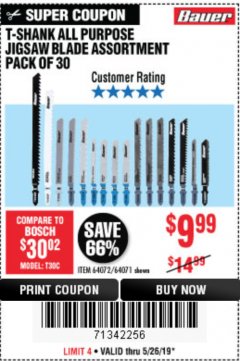 Harbor Freight Coupon BAUER T-SHANK GENERAL-PURPOSE JIG SAW BLADE SET, 30-PIECE Lot No. 64071 Expired: 5/26/19 - $9.99