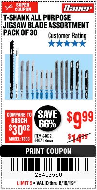 Harbor Freight Coupon BAUER T-SHANK GENERAL-PURPOSE JIG SAW BLADE SET, 30-PIECE Lot No. 64071 Expired: 6/16/19 - $9.99