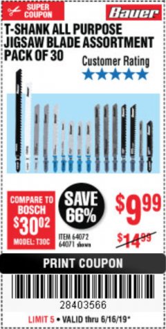 Harbor Freight Coupon BAUER T-SHANK GENERAL-PURPOSE JIG SAW BLADE SET, 30-PIECE Lot No. 64071 Expired: 6/16/19 - $9.99