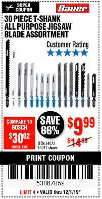 Harbor Freight Coupon BAUER T-SHANK GENERAL-PURPOSE JIG SAW BLADE SET, 30-PIECE Lot No. 64071 Expired: 12/1/19 - $9.99