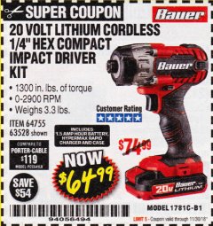 Harbor Freight Coupon BAUER 1/4" HEX COMPACT IMPACT DRIVER KIT Lot No. 63528/64755 Expired: 11/30/18 - $64.99