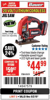 Harbor Freight Coupon 20 VOLT LITHIUM CORDLESS JIG SAW Lot No. 63630 Expired: 9/2/18 - $44.99