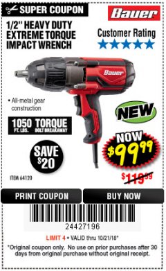 Harbor Freight Coupon BAUER 8.5 AMP, 1/2 IN. IMPACT WRENCH WITH ROCKER SWITCH Lot No. 64120 Expired: 10/21/18 - $99.99