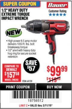 Harbor Freight Coupon BAUER 1/2" EXTREME TORQUE CORDED IMPACT WRENCH Lot No. 64120 Expired: 3/11/19 - $99.99