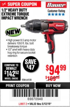 Harbor Freight Coupon BAUER 1/2" EXTREME TORQUE CORDED IMPACT WRENCH Lot No. 64120 Expired: 5/12/19 - $94.99