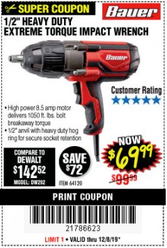 Harbor Freight Coupon BAUER 8.5 AMP, 1/2 IN. IMPACT WRENCH WITH ROCKER SWITCH Lot No. 64120 Expired: 12/8/19 - $69.99