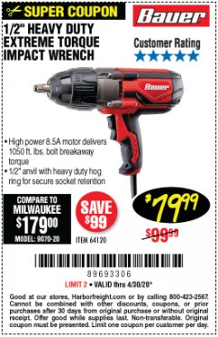 Harbor Freight Coupon BAUER 8.5 AMP, 1/2 IN. IMPACT WRENCH WITH ROCKER SWITCH Lot No. 64120 Expired: 6/30/20 - $79.99