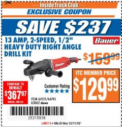 Harbor Freight ITC Coupon 13 AMP, 2-SPEED 1/2" HEAVY DUTY RIGHT ANGLE DRILL KIT Lot No. 64121/64745/63062 Expired: 12/11/18 - $129.99