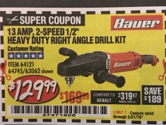 Harbor Freight Coupon 13 AMP, 2-SPEED 1/2" HEAVY DUTY RIGHT ANGLE DRILL KIT Lot No. 64121/64745/63062 Expired: 5/31/19 - $129.99