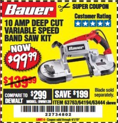 Harbor Freight Coupon BAUER 10 AMP DEEP CUT VARIABLE-SPEED BAND SAW Lot No. 64194/63444 Expired: 4/1/19 - $99.99