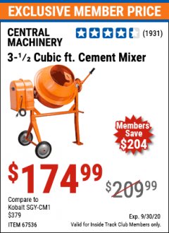 Harbor Freight ITC Coupon 3-1/2 CUBIC FT. CEMENT MIXER Lot No. 67536/61932 Expired: 9/30/20 - $174.99