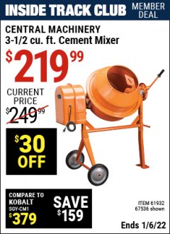 Harbor Freight ITC Coupon 3-1/2 CUBIC FT. CEMENT MIXER Lot No. 67536/61932 Expired: 1/6/22 - $219.99