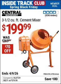 Harbor Freight Coupon CENTRAL MACHINERY 3-1/2 CU. FT. CEMENT MIXER Lot No. 67536/61932 Valid: 12/31/69 - 4/9/26 - $199.99