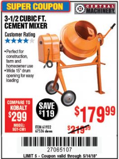 Harbor Freight Coupon 3-1/2 CUBIC FT. CEMENT MIXER Lot No. 67536/61932 Expired: 5/14/18 - $179.99
