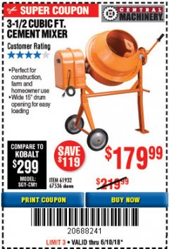 Harbor Freight Coupon 3-1/2 CUBIC FT. CEMENT MIXER Lot No. 67536/61932 Expired: 6/10/18 - $179.99