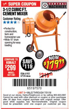 Harbor Freight Coupon 3-1/2 CUBIC FT. CEMENT MIXER Lot No. 67536/61932 Expired: 7/31/18 - $179.99